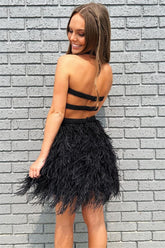 Black Halter Beaded Homecoming Dress with Feathers